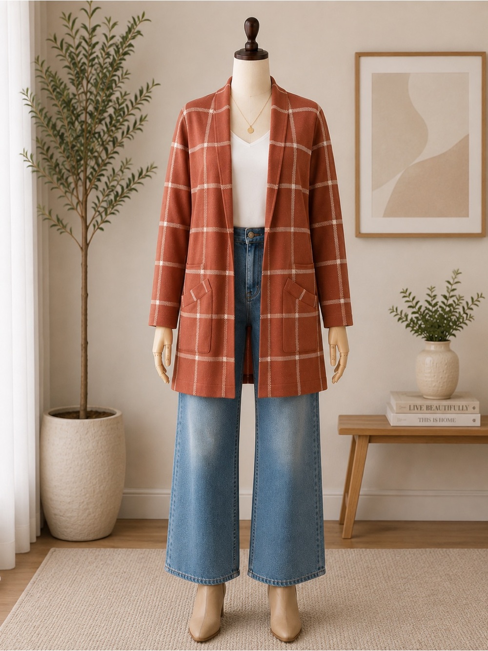 Maurices Rust Plaid Open-Front Blazer